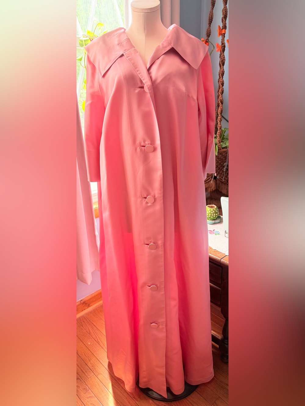 Women's Long Pink Trench Coat with Covered Buttons